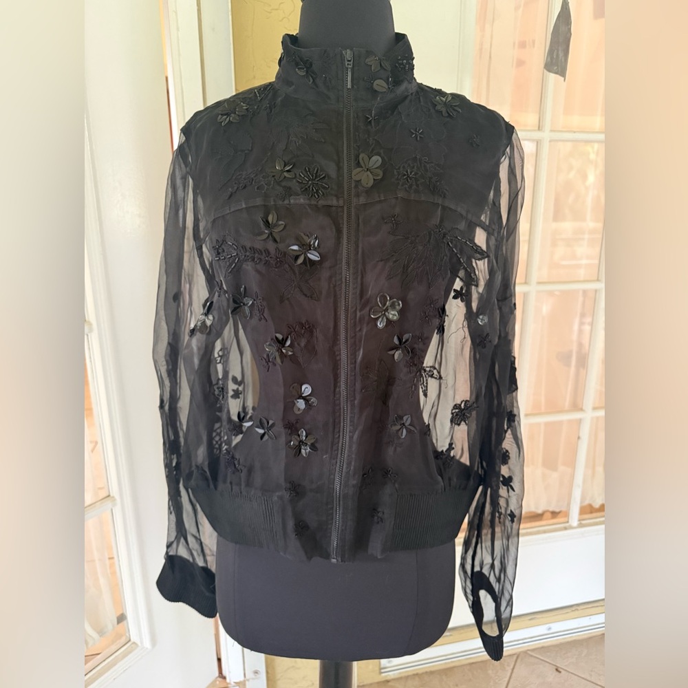 ELIE TAHARI Sheer Black Silk Floral Sequin Embellished Bomber Jacket Sz S $398